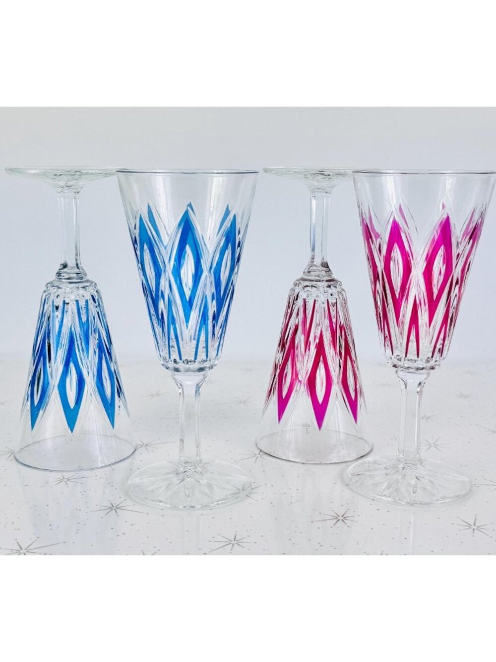 Set of 4 vintage 50s Champagne flutes, VCM Reims France, Harlequin pattern, 6"